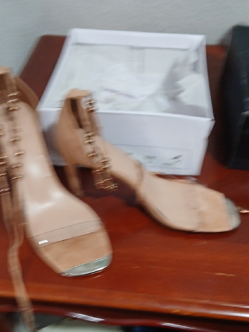 Promise Nude Lace-Up Block Heel Sandals with Gold Accents